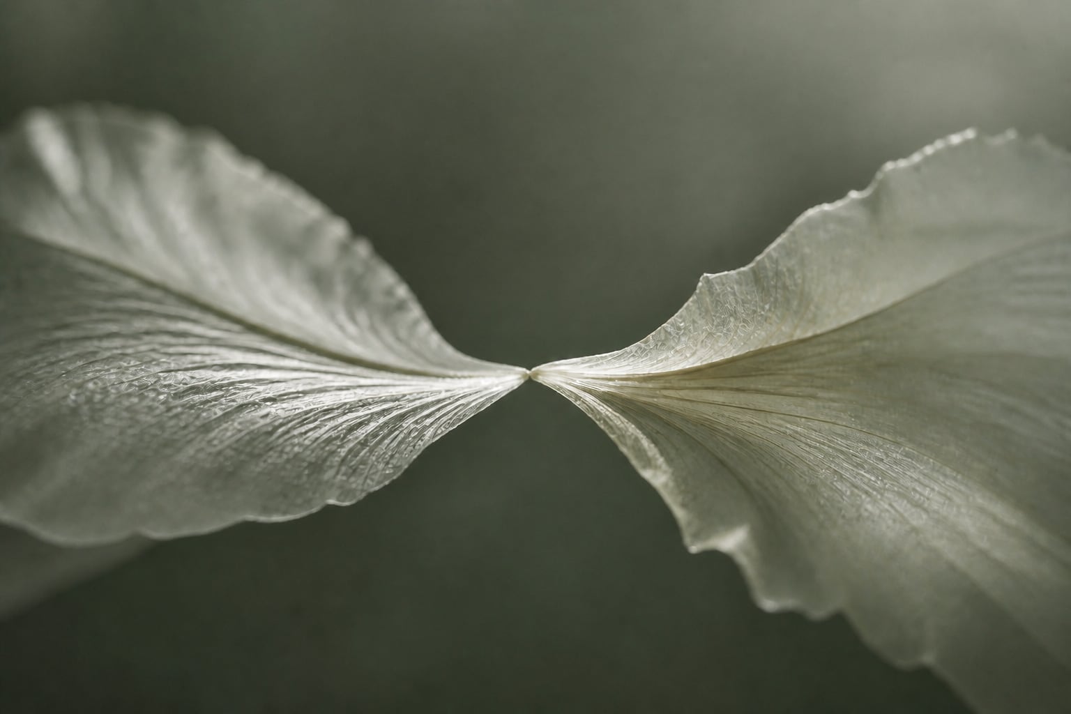 Two translucent natural forms meeting in soft light